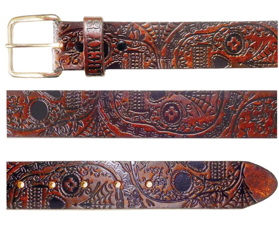 Accessories Lucky 13 | The Dead Skull Embossed Leather Belt - Antiqued Brown