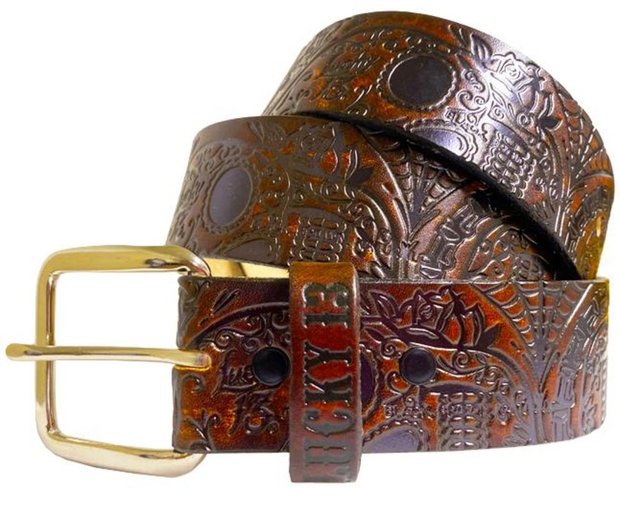 Accessories Lucky 13 | The Dead Skull Embossed Leather Belt - Antiqued Brown