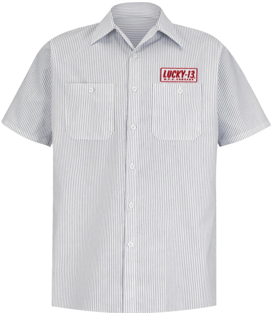 Mens Lucky 13 | The Offerings Shop Shirt With Sewn On Patches - White/Charcoal