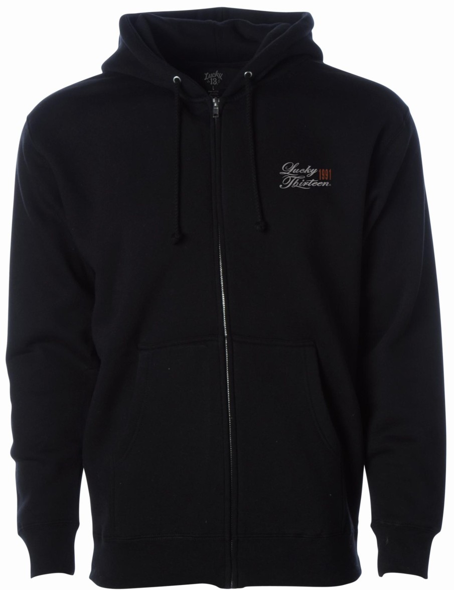 Mens Lucky 13 | Skull Bobber Heavyweight Full Zip Hooded Sweatshirt - Black