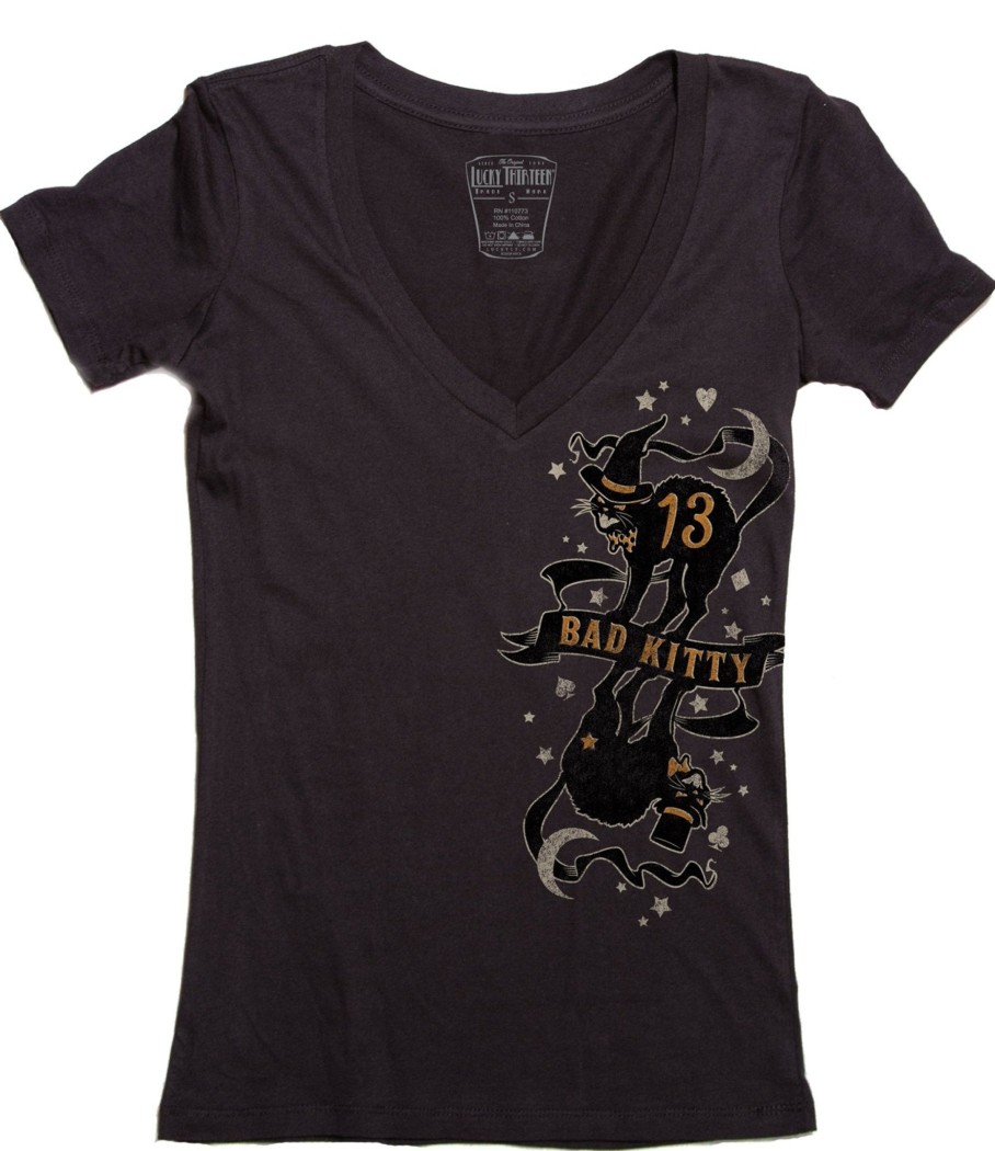 Womens Lucky 13 | The Bad Kitty V-Neck Tee