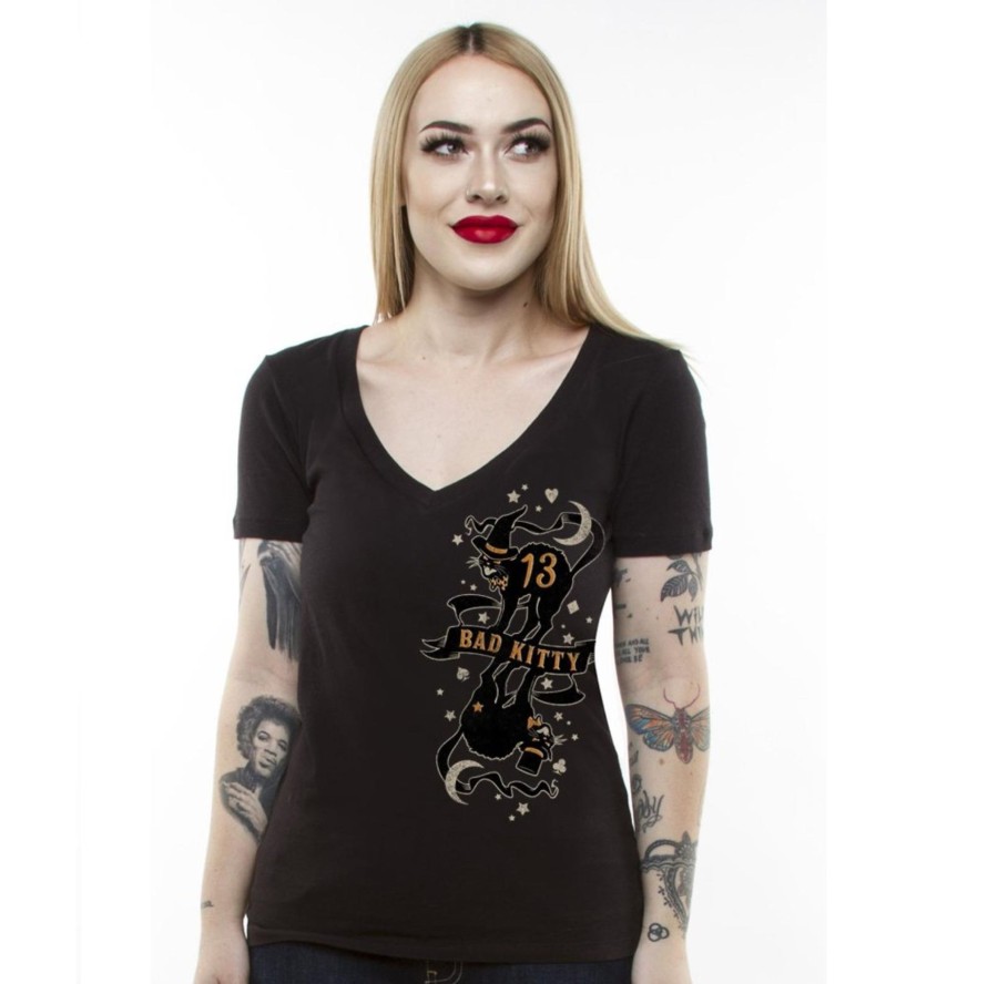 Womens Lucky 13 | The Bad Kitty V-Neck Tee