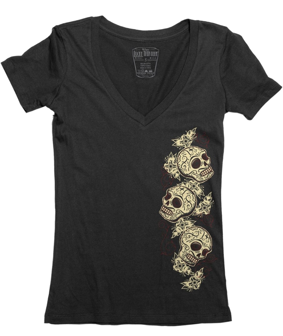 Womens Lucky 13 | The Tres Skulls V-Neck Tee