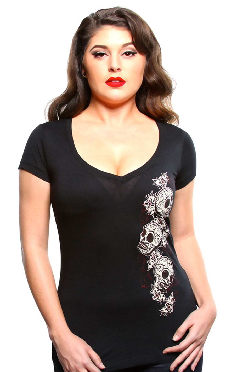 Womens Lucky 13 | The Tres Skulls V-Neck Tee