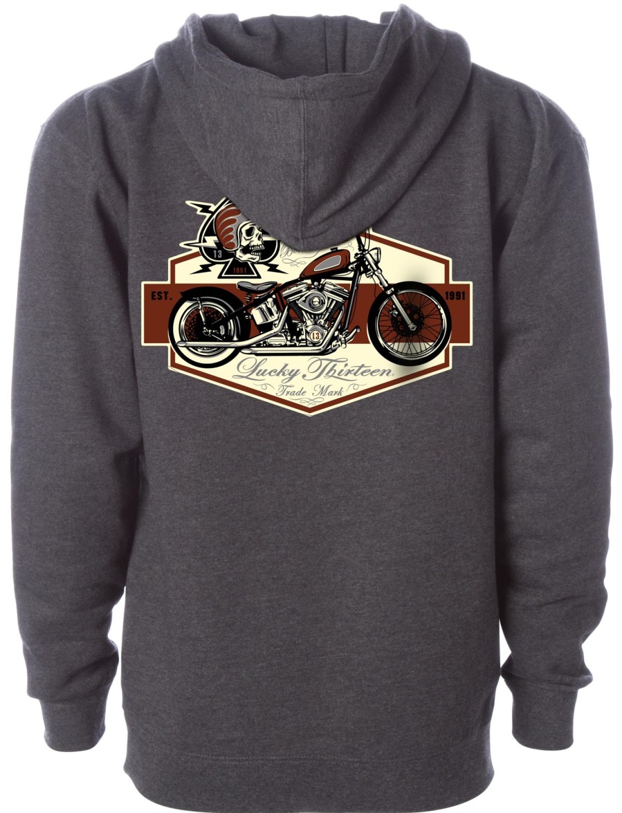 Mens Lucky 13 | Skull Bobber Heavyweight Full Zip Hooded Sweatshirt - Charcoal-Heather