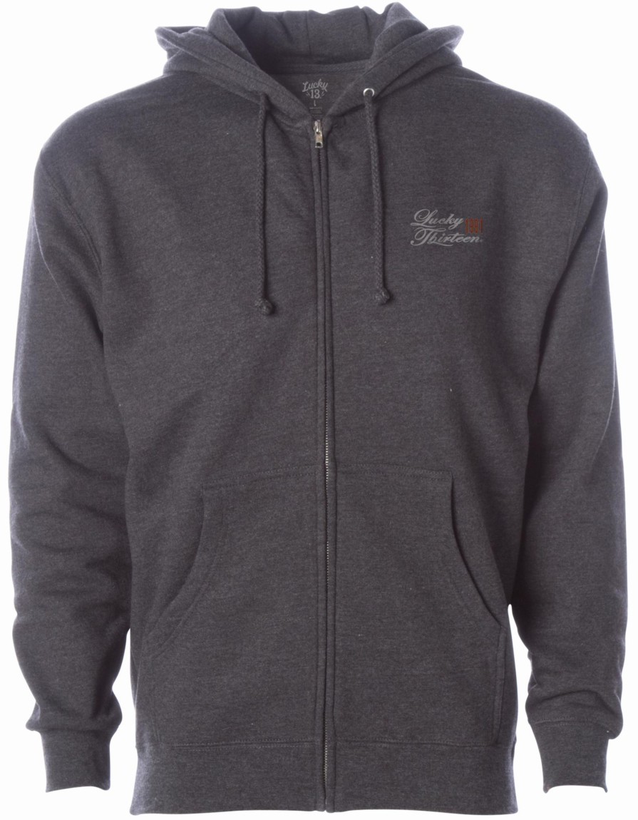 Mens Lucky 13 | Skull Bobber Heavyweight Full Zip Hooded Sweatshirt - Charcoal-Heather