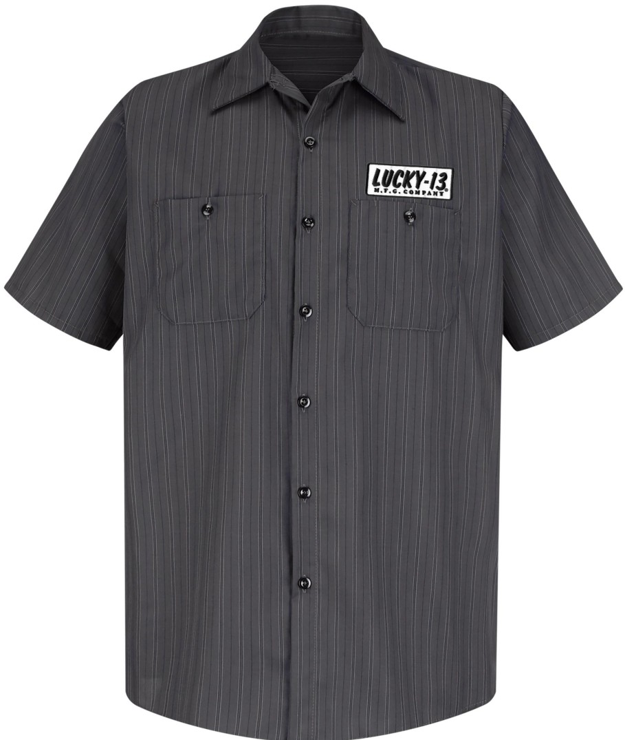 Mens Lucky 13 | The Offerings Shop Shirt With Sewn On Patches - Charcoal/White/Blue Striped