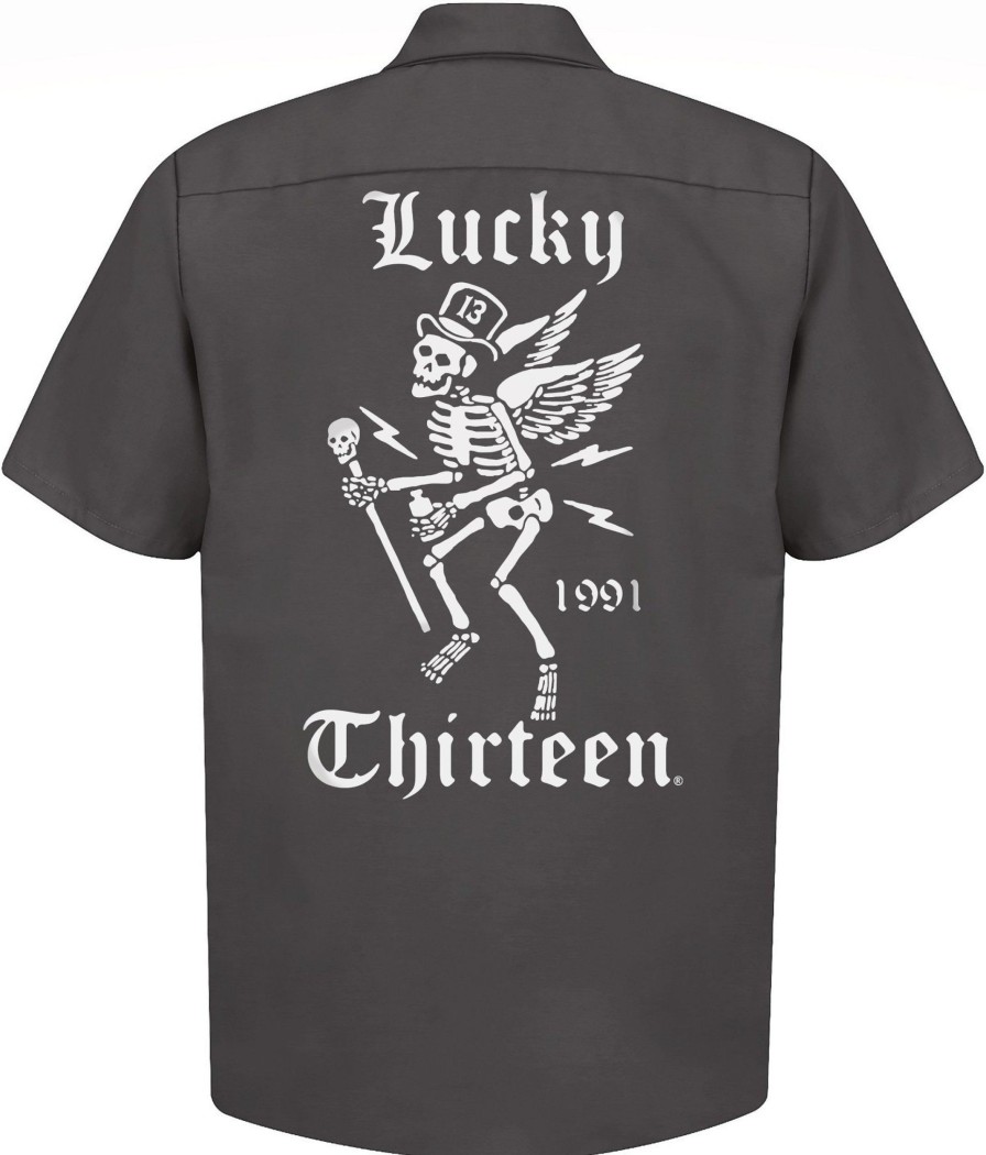 Mens Lucky 13 | The Winged Skully Work Shirt - Charcoal