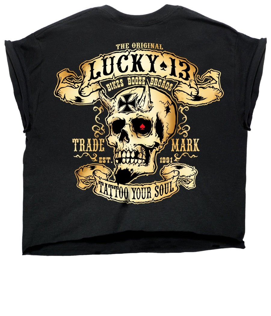 Womens Lucky 13 | The Booze, Bikes & Broads Custom Cropped Capped Sleeve Women'S Tee **New**