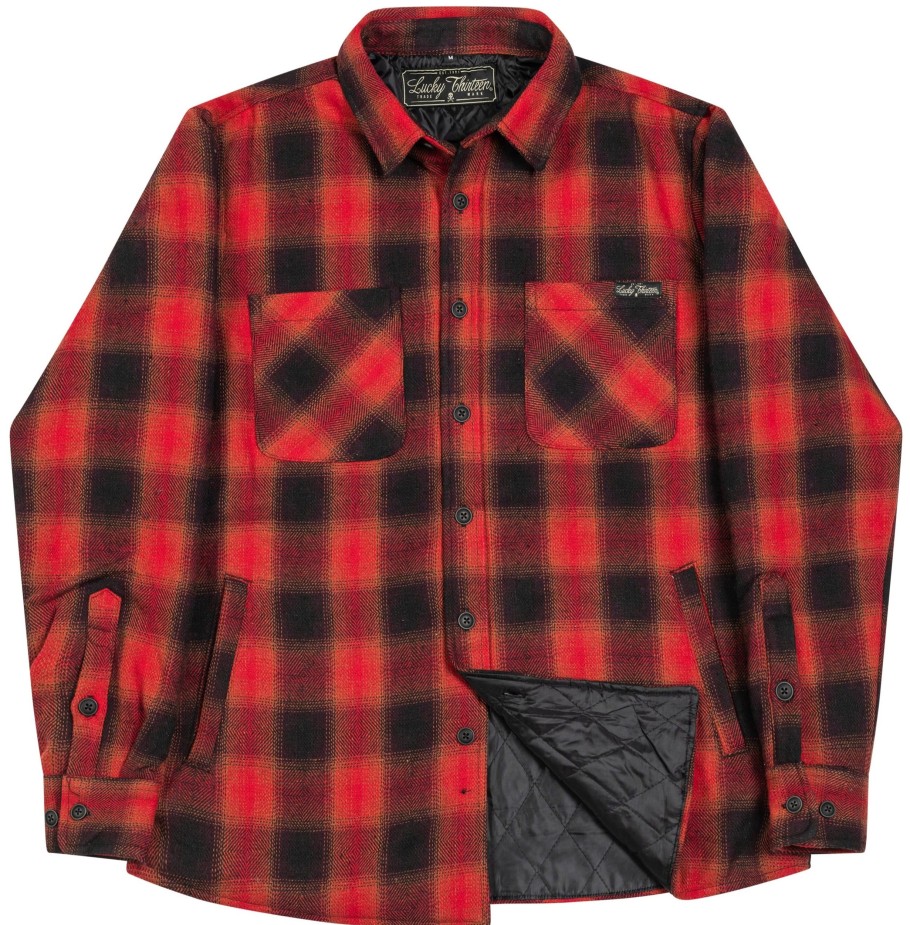 Mens Lucky 13 | Outlaw Quilted Lined Flannel Shacket - Red/Black