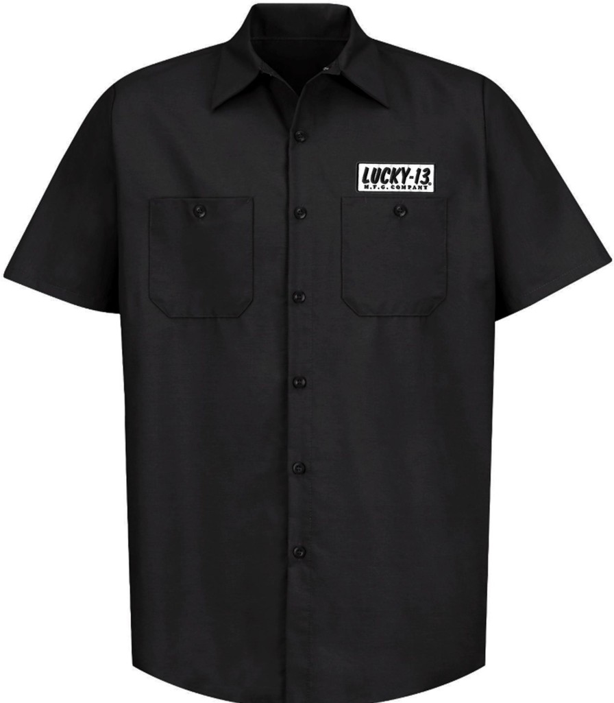 Mens Lucky 13 | The Offerings Shop Shirt With Sewn On Patches Black/White