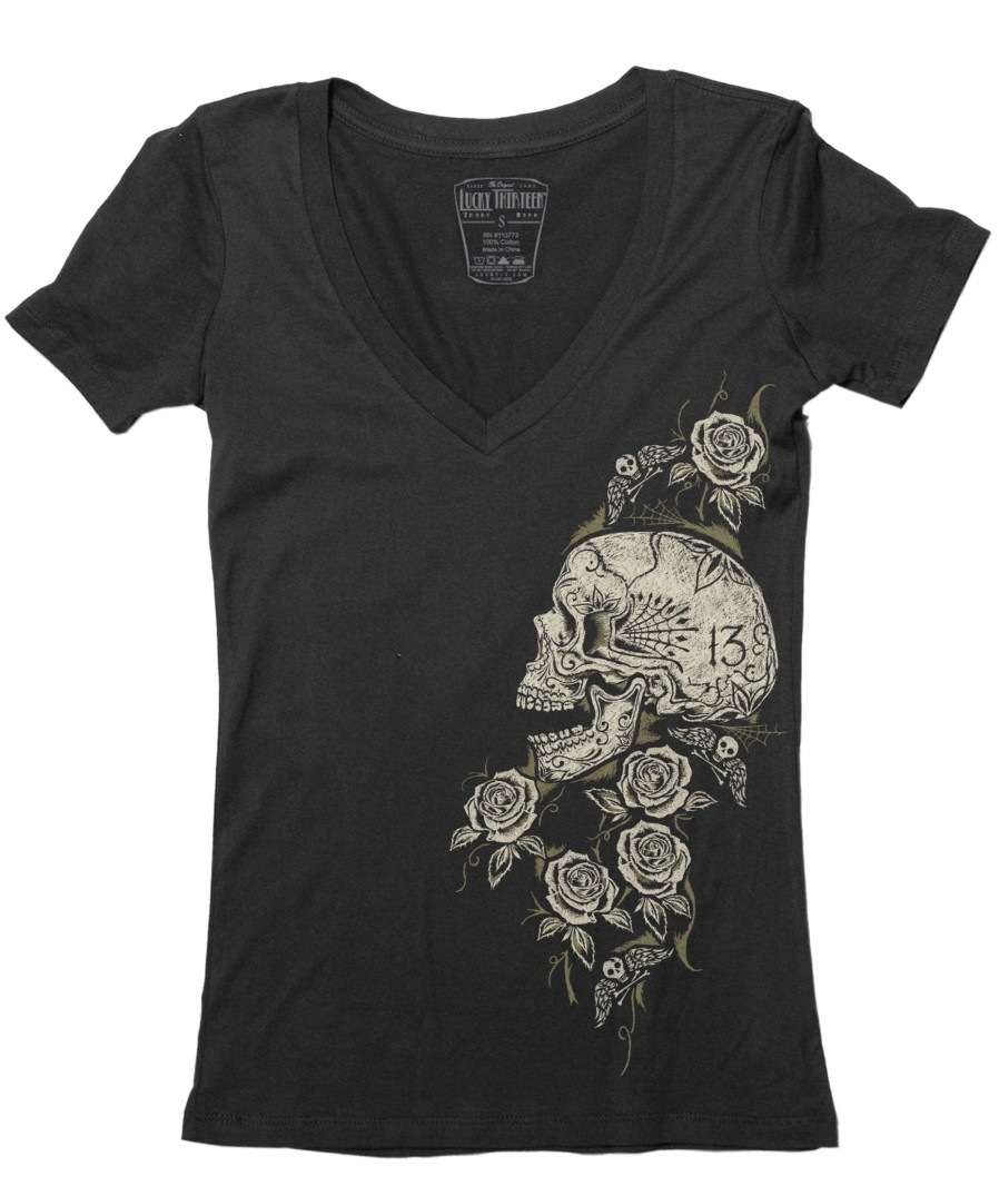 Womens Lucky 13 | The Skull Rose V-Neck Tee