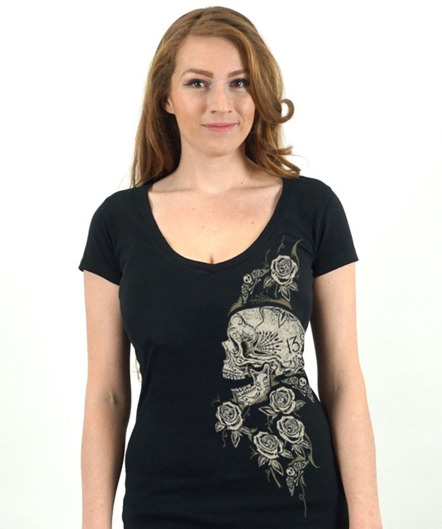 Womens Lucky 13 | The Skull Rose V-Neck Tee