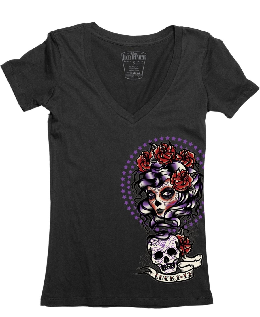 Womens Lucky 13 | The Shadow Lady V-Neck Tee