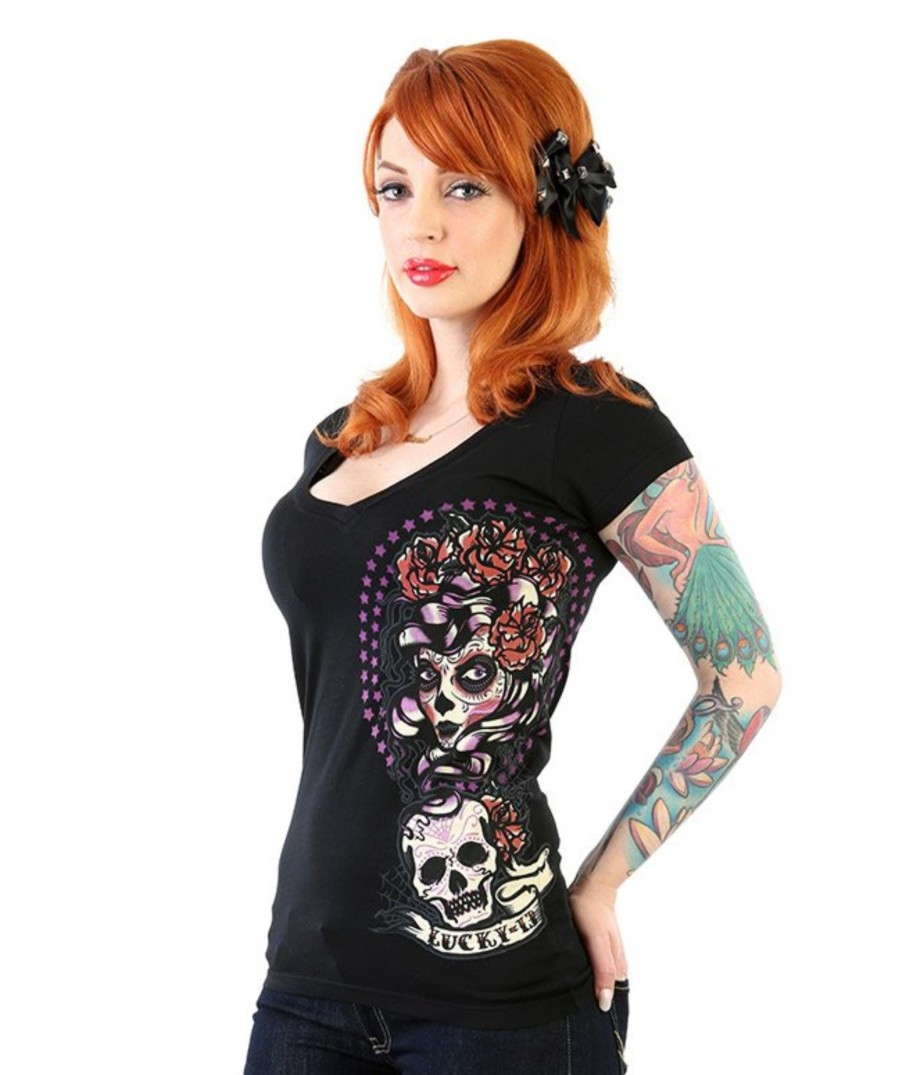 Womens Lucky 13 | The Shadow Lady V-Neck Tee