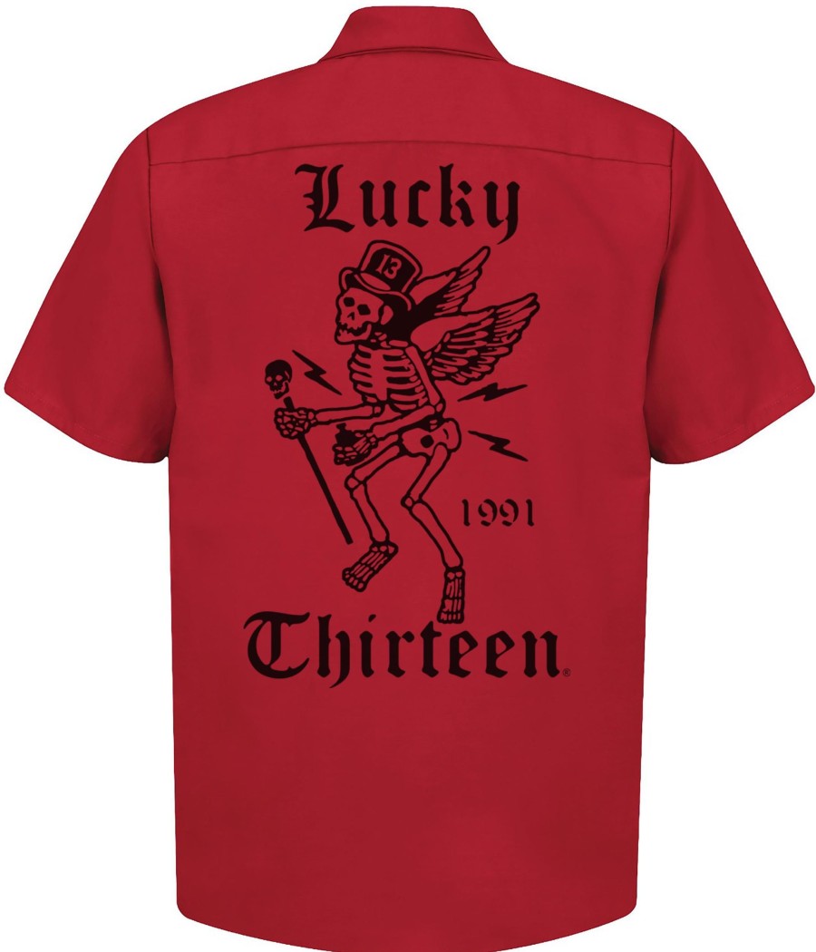 Mens Lucky 13 | The Winged Skully Work Shirt - Red