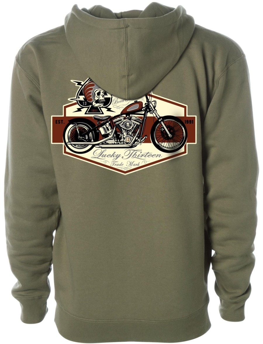 Mens Lucky 13 | Skull Bobber Heavyweight Full Zip Hooded Sweatshirt - Army Green