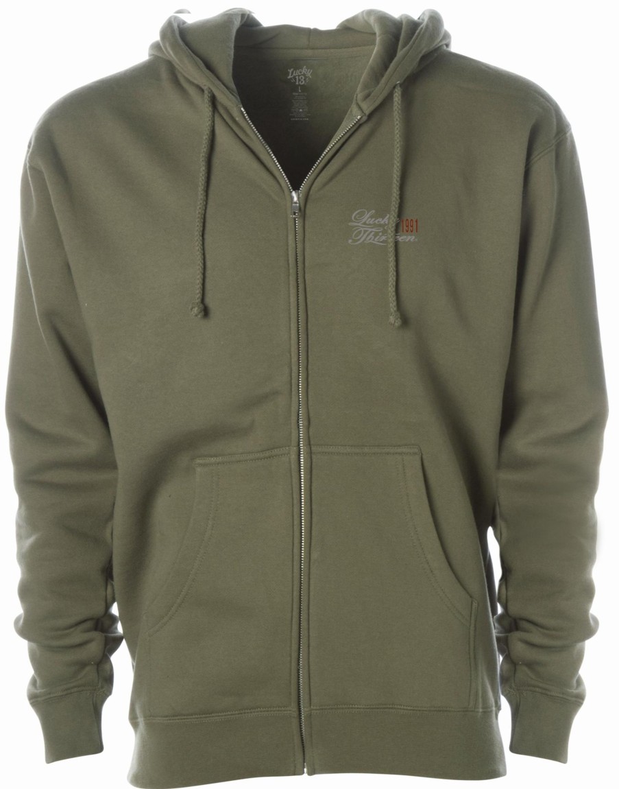 Mens Lucky 13 | Skull Bobber Heavyweight Full Zip Hooded Sweatshirt - Army Green