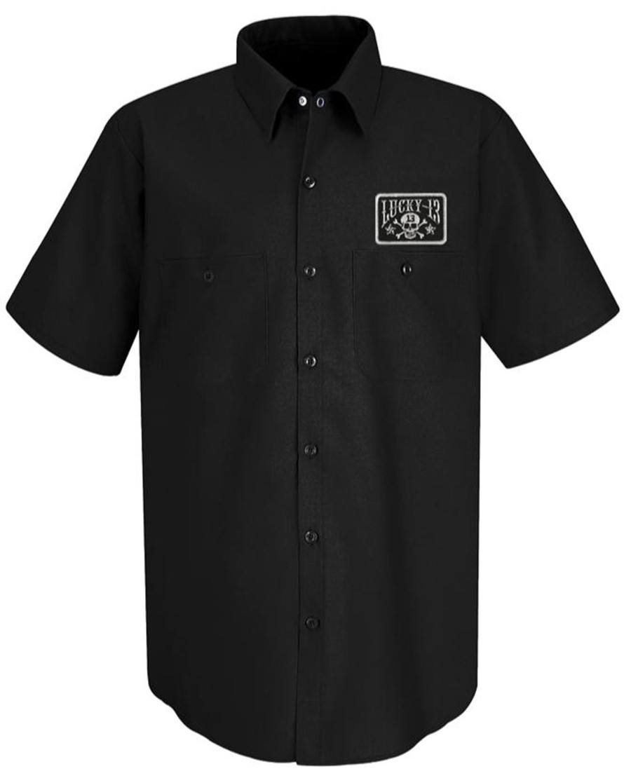 Mens Lucky 13 | The Skull Stars Shop Shirt With Embroidered Patch- Black/White