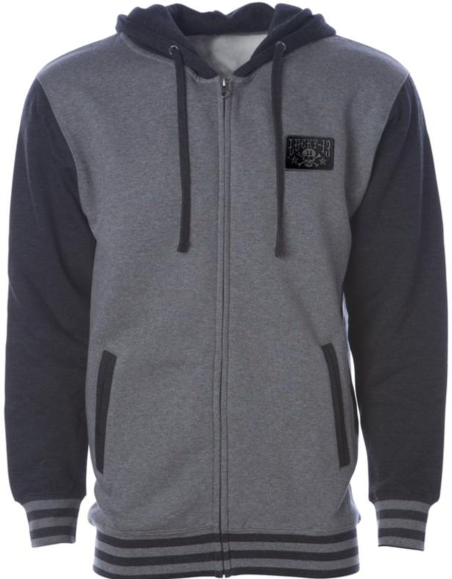 Mens Lucky 13 | Skull Stars Hooligan Full-Zip Uni-Sex Hooded Sweatshirt -Gunmetal Heather/Charcoal Heather